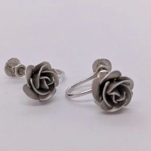 Vintage, sterling silver rose screwback earrings